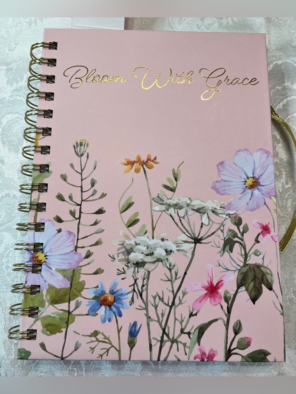Journal Floral Spiral Notebook in Pink with Gold Pen ‘Bloom With Grace’ - Picture 2 of 4